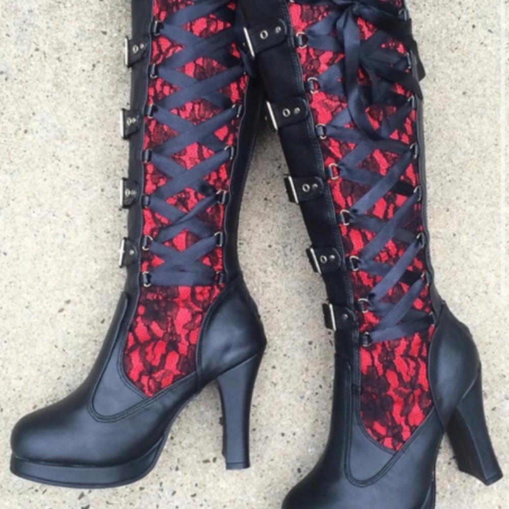 DEMONIA RED AND BLACK HEELED BOOTS